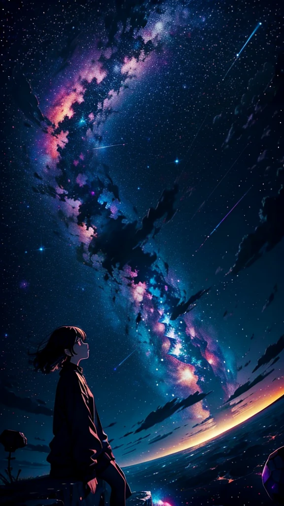 A lonely girl floating in the vast universe, Enchanted by the enchanting constellations, Against a contrasting background of darkness and vibrant colors.