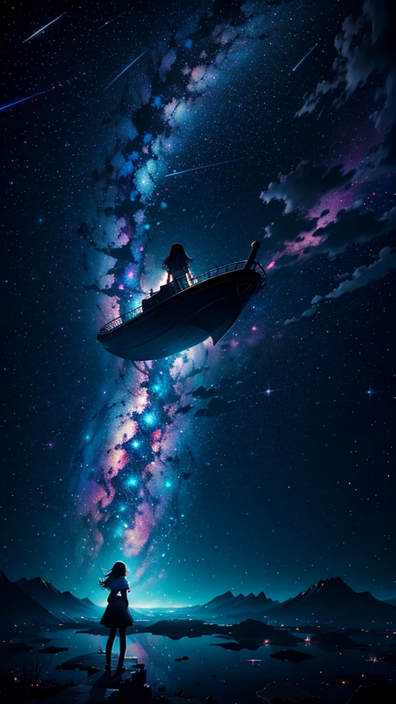 A lonely girl floating in the vast universe, Enchanted by the enchanting constellations, Against a contrasting background of darkness and vibrant colors.