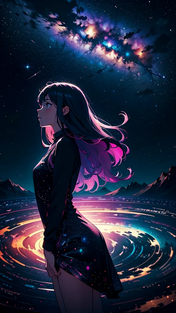 A lonely girl floating in the vast universe, Enchanted by the enchanting constellations, Against a contrasting background of darkness and vibrant colors.