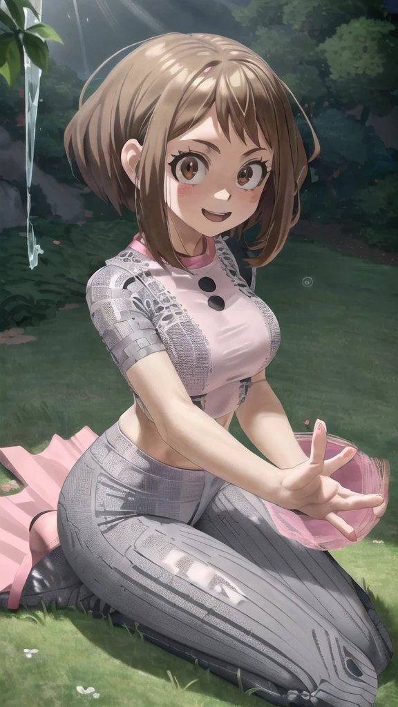 [ochako uraraka], [Boku no hero academia], ((masterpiece)), ((HD)), ((high quality)), ((solo portrait)), ((front view)), ((full body)), ((anime)), ((Kohei Horikoshi)), ((detailed shading)), ((cel shading)), ((intricate details)), ((cinematic lighting)), {ochako, (rosy cheeks), (cute round brown eyes), short brown hair, short eyelashes, large , (gorgeous hips), (beautiful legs), (excited smile), white teeth)}, {(pink tee shirt), (blue spandex yoga pants), (pink heels)}, {(sitting on picnic blanket), (looking at viewer)}, [Background; (grass), (blue sky), (sun rays)]