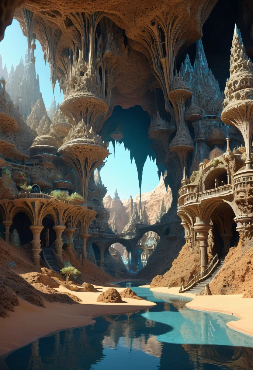 hay muchas cavidades invertidas (diferentes habitaciones, unidas por salientes de mandelbulb que forman pasadizos) in the middle of an underground canyon that makes up a mandelbulb mud village at different heights with many balconies and stalactites and stalactites, fantasy architecture, Arte digital 4k muy detallado, beautiful detailed fantasy, stunning fantasy landscape, detailed fantasy digital art, arstation y pitido altamente, fantasy style octane 8k rendering, stuning fantasy 3d rendering, 4k detail fantasy, fantasy 3d rendering, pitido de renderizado 3D, deep masive desert landscape, stalacmite cave laberinto very confuse type geonosis bubbes