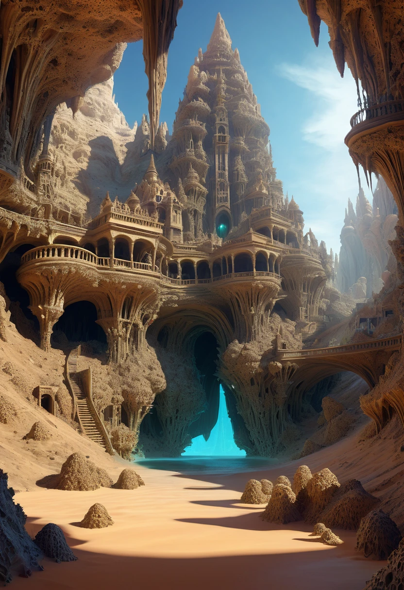 hay muchas cavidades invertidas (diferentes habitaciones, unidas por salientes de mandelbulb que forman pasadizos) in the middle of an underground canyon that makes up a mandelbulb mud village at different heights with many balconies and stalactites and stalactites, fantasy architecture, Arte digital 4k muy detallado, beautiful detailed fantasy, stunning fantasy landscape, detailed fantasy digital art, arstation y pitido altamente, fantasy style octane 8k rendering, stuning fantasy 3d rendering, 4k detail fantasy, fantasy 3d rendering, pitido de renderizado 3D, deep masive desert landscape, stalacmite cave laberinto very confuse type geonosis bubbes