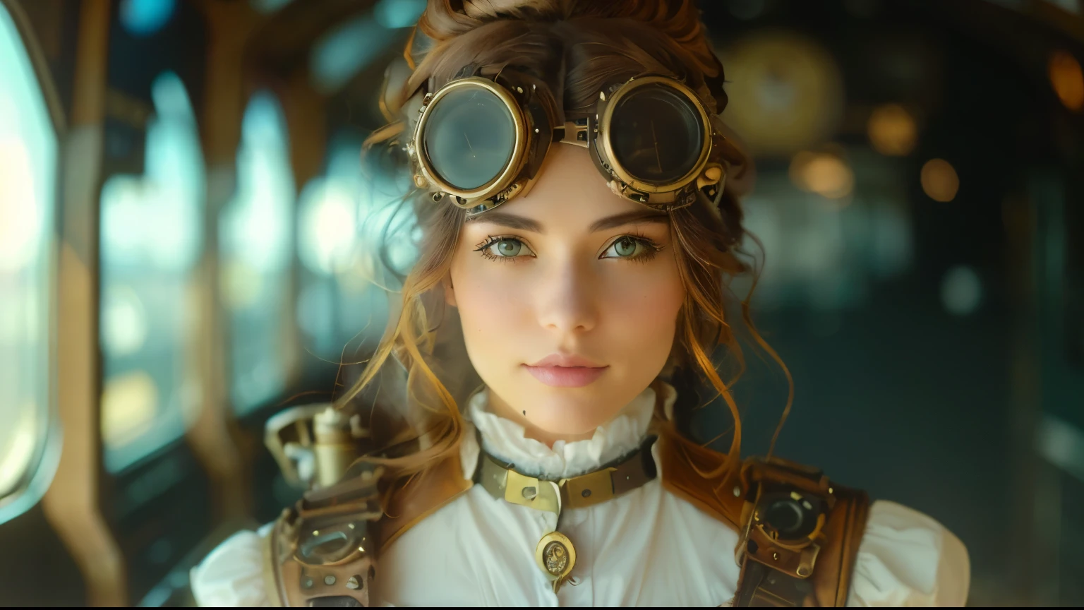 there is a woman in a steam punk outfit standing next to a train, steampunk beautiful anime woman, wearing steampunk attire, steampunk girl, steampunk style, steampunk aesthetic, steampunk fantasy style, steampunk clothes, steampunk fantasy, in a steampunk world, steam-punk, steampunk!, steampunk, ( steampunk ), (steampunk), a steampunk beautiful goddess, steam punk style, steampunc