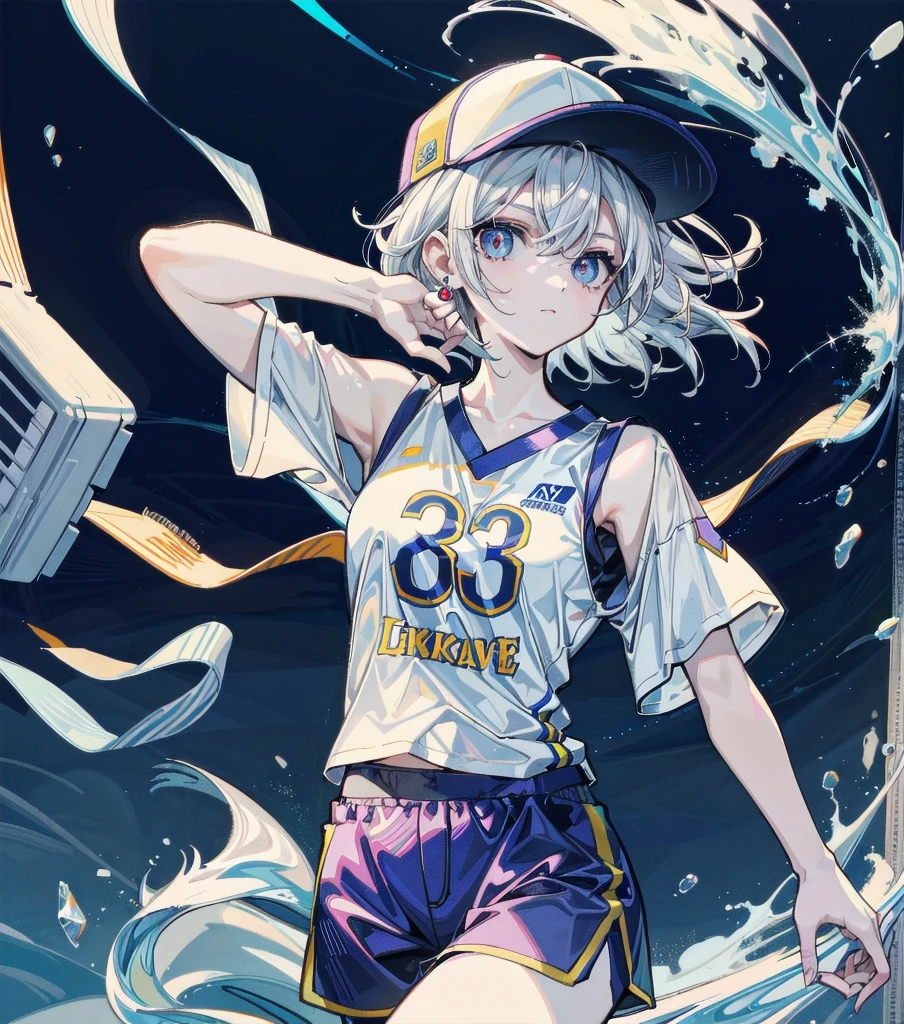 whole body, Basketball shirt, baseball cap, Hot Pants, absurdres, RAW photo, extremely delicate and beautiful, masterpiece, Best Quality, ultra high resolution, 32k, hyperrealistic, ultra-detailed, perfect figure, perfect shape, detailed description, pale skin, 20 years old, detailed beautiful face and eyes, tearful mole, earring, short medium hair, wavy hair,