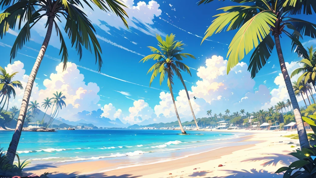 tropical house on the beach with palm trees and blue water, island background, anime background art, amazing wallpaper, background art, hd wallpaper, relaxing concept art, beautiful wallpaper, high quality desktop wallpaper, background artwork, pc wallpaper, anime background, tropical beach paradise, wallpaper hd, 8K image quality, Masterpiece