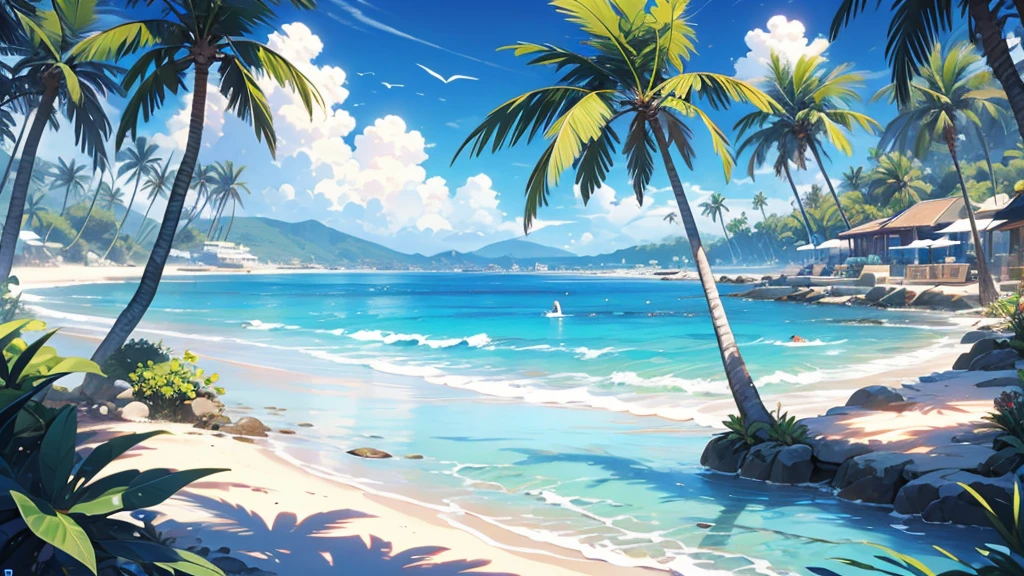 tropical house on the beach with palm trees and blue water, island background, anime background art, amazing wallpaper, background art, hd wallpaper, relaxing concept art, beautiful wallpaper, high quality desktop wallpaper, background artwork, pc wallpaper, anime background, tropical beach paradise, wallpaper hd, 8K image quality, Masterpiece