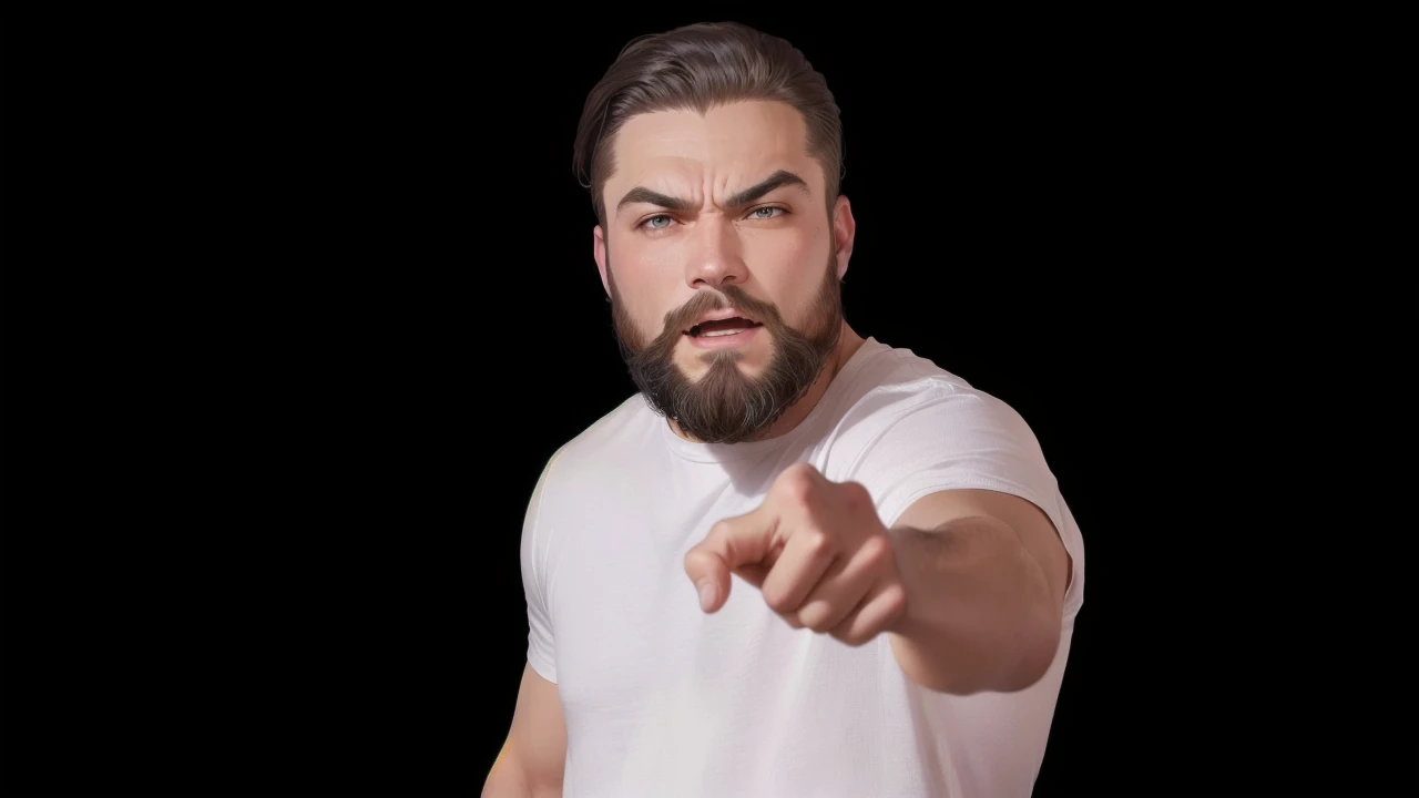 there is a man pointing at something with a finger, angry and pointing, pointing at the camera, with pointing finger, pointing, threatening pose, A very attractive man with a beard, pointing index finger, very accurate photo, on a deep black background