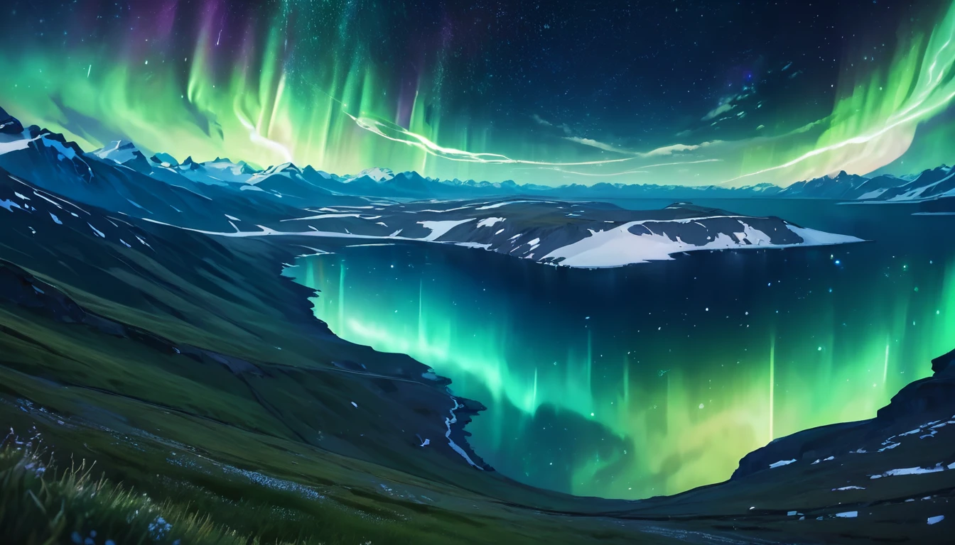 landscape, Ultra HD, (Background Asgard), detailed, Lighting, 8k, (Aurora shining in the sky), constellation, (Background Asgard)