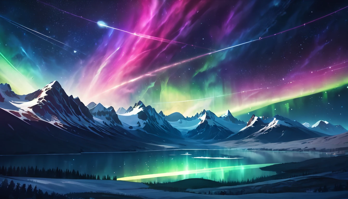 landscape, Ultra HD, (Background Asgard), detailed, Lighting, 8k, (Aurora shining in the sky), constellation, (Background Asgard)