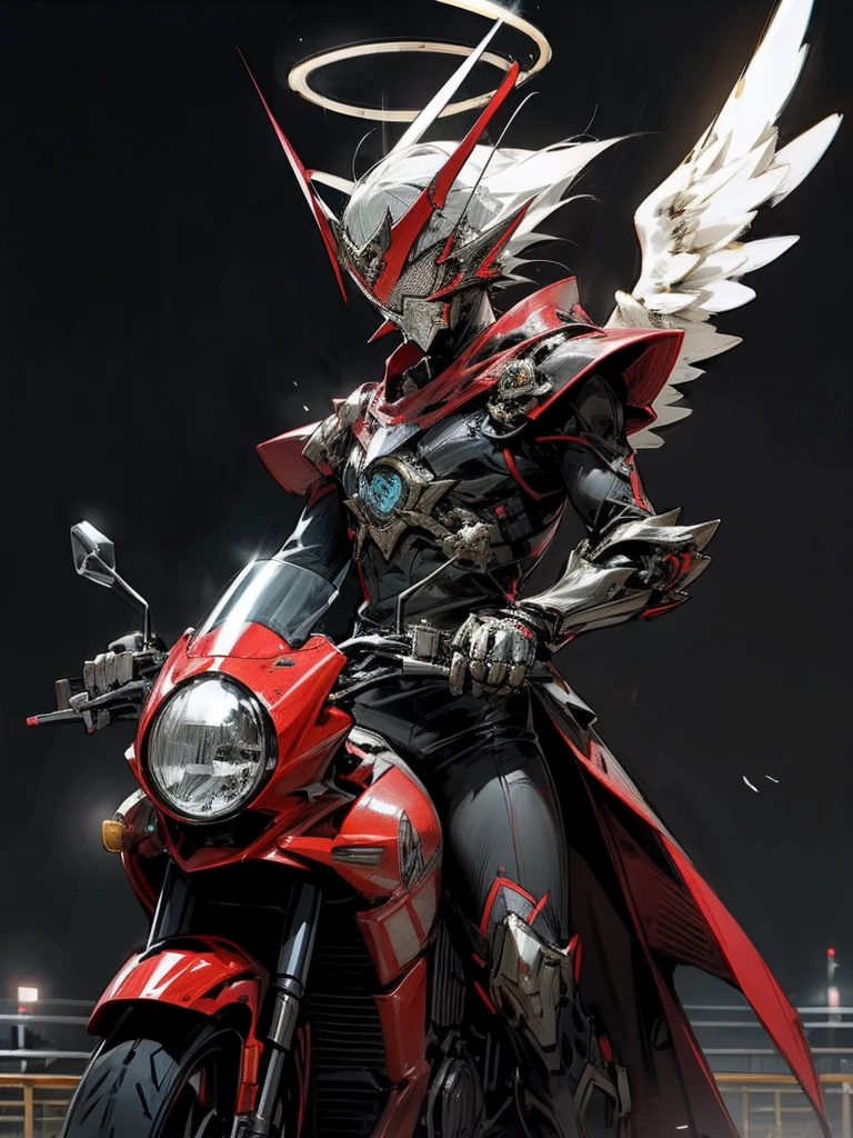 Kamen Rider,Angel, woman,heaven battle arena background,rider kick,halo,devil custumize morter cycle riding,Kamen riders battle royal,