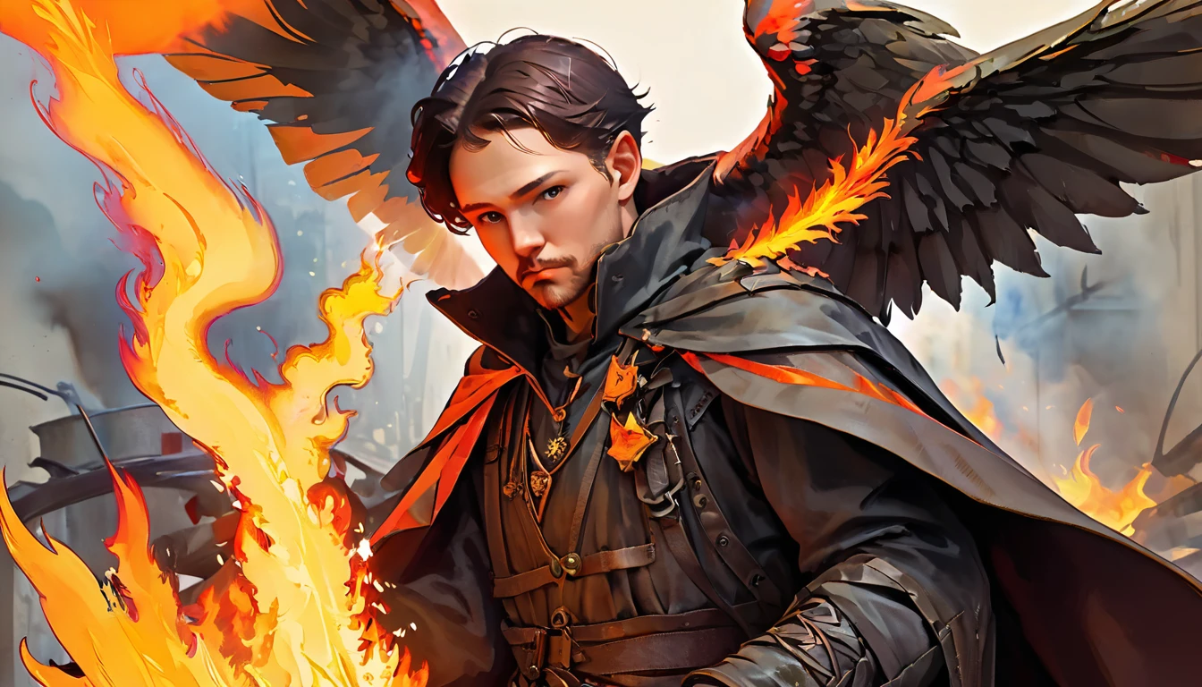 Handsome close up portrait (sks man),Post-apocalyptic Winged Pyromancer, complicated, elegant, Very detailed, Digital Painting, Art Station, Concept Art, Smooth, Sharp focus, figure, Krentz Casciat、Artem Demla、Art by Alphonse Mucha, ((Fire in the hands))