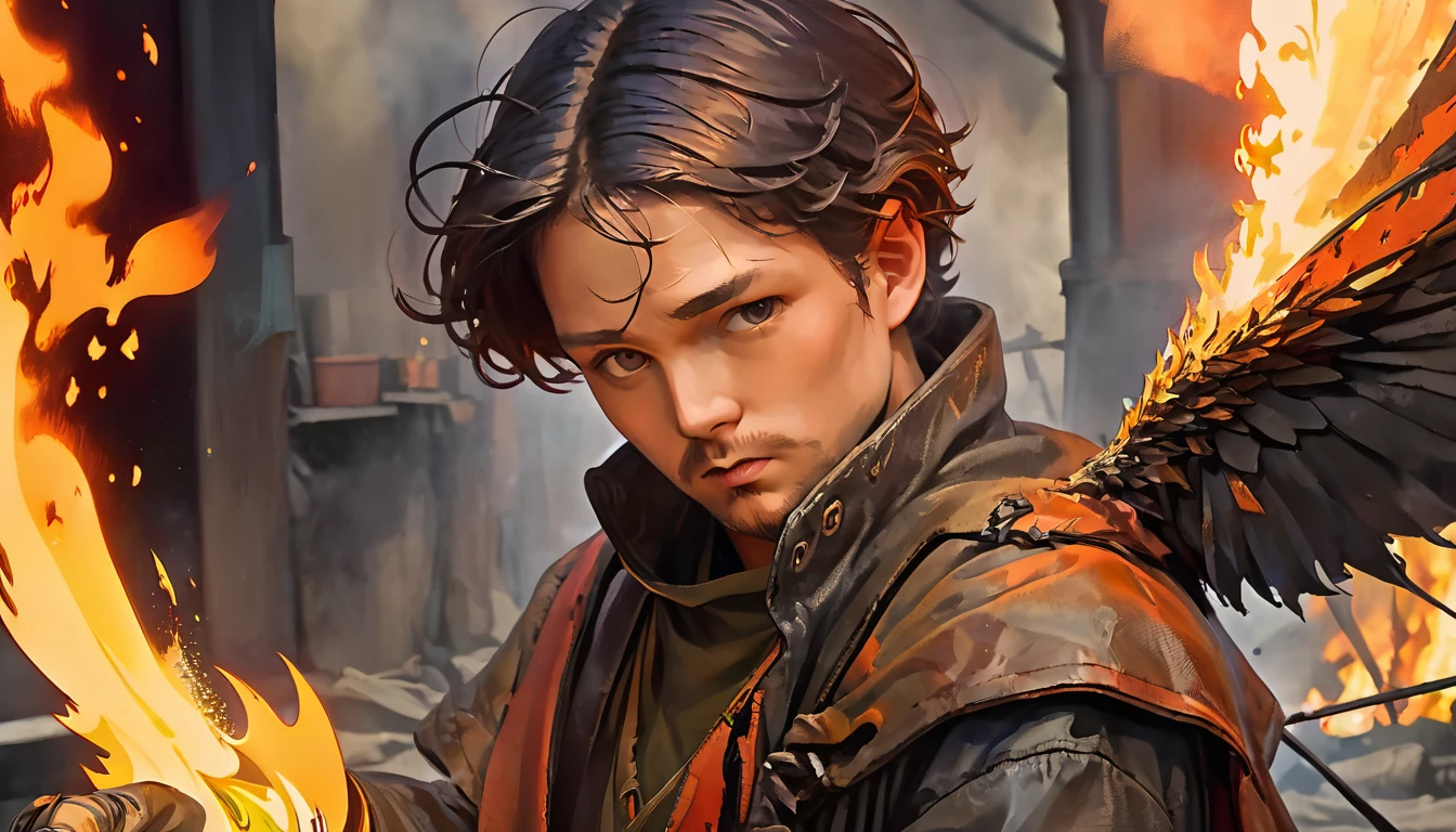 Handsome close up portrait (sks man),Post-apocalyptic Winged Pyromancer, complicated, elegant, Very detailed, Digital Painting, Art Station, Concept Art, Smooth, Sharp focus, figure, Krentz Casciat、Artem Demla、Art by Alphonse Mucha, ((Fire in the hands))