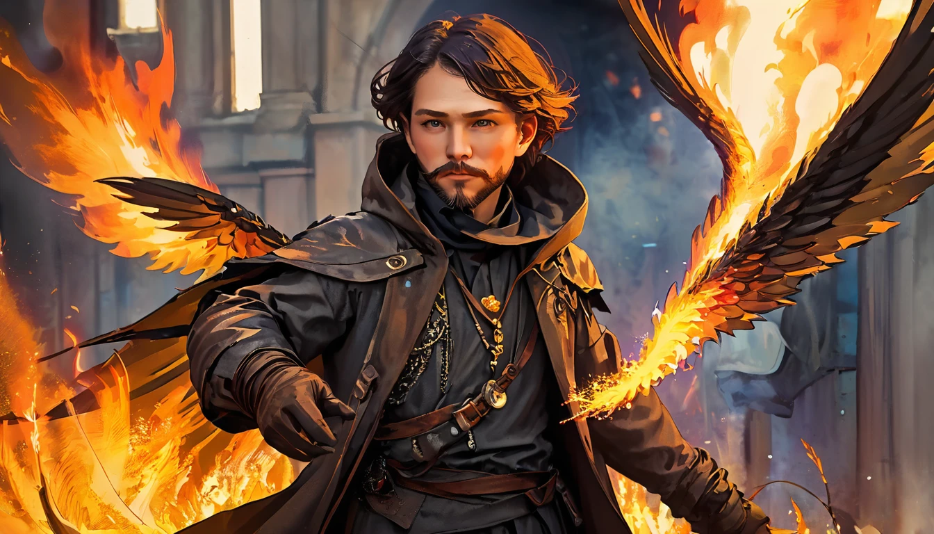 Handsome close up portrait (sks man),Post-apocalyptic Winged Pyromancer, complicated, elegant, Very detailed, Digital Painting, Art Station, Concept Art, Smooth, Sharp focus, figure, Krentz Casciat、Artem Demla、Art by Alphonse Mucha, ((Fire in the hands))