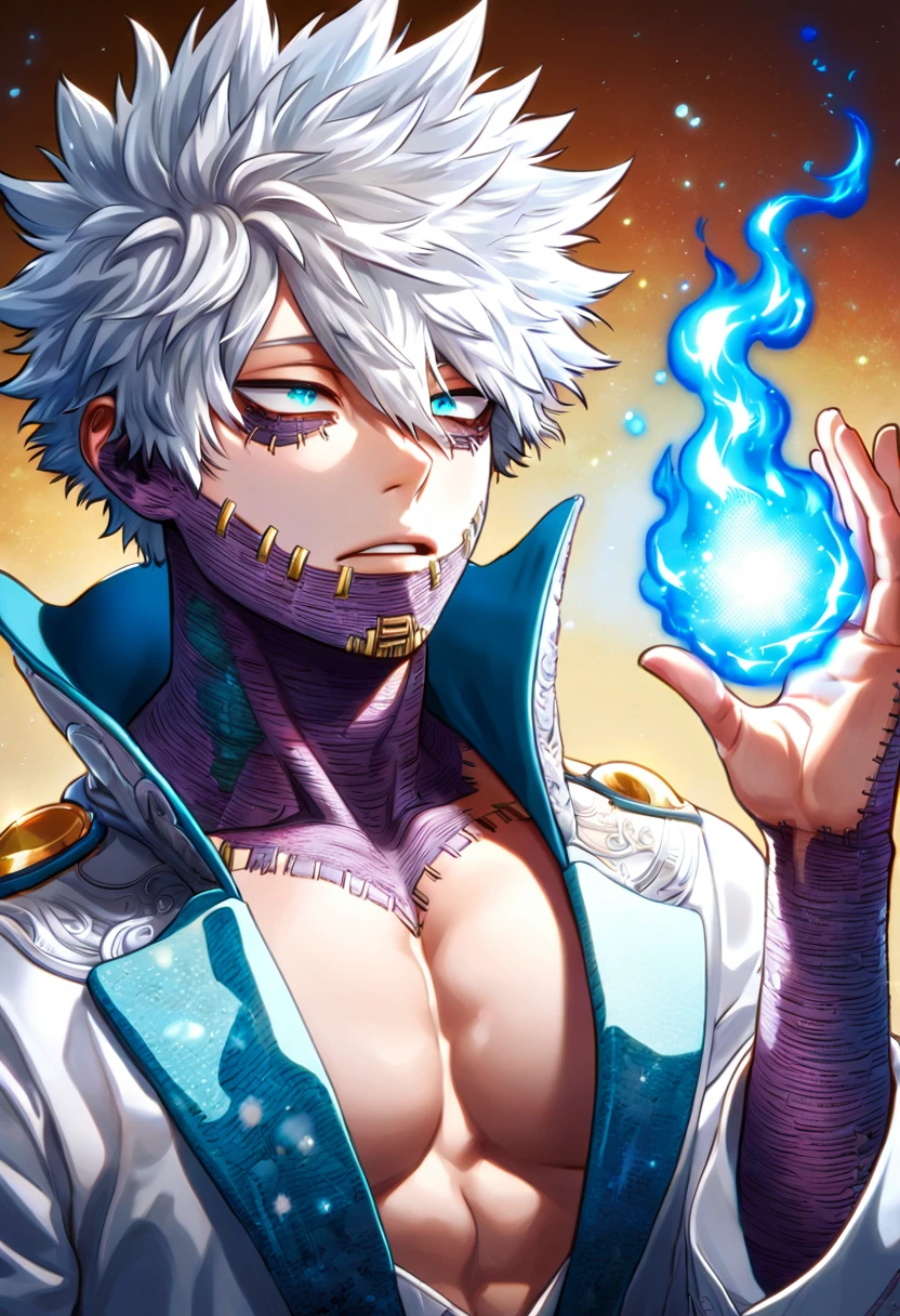 absurdres, highres, ultra detailed, HDR, master piece, best quality, Dabi, white hair, expressive turquoise eyes, boku no hero academia, solo, sexy man, handsome, white clothes with high collar, magic, fantasy, shining, blue fire, starry, blue fireflies