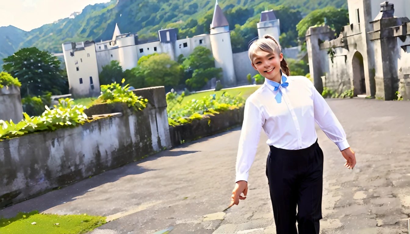 Beautiful man, Strong physique, White Ballroom Blouse, Black long pants, White ballroom shoes, Gray hair in a ponytail, Silver Eyes, Slim appearance, elegant, Stretch your arms out, Light blue bow tie, Smiling face, Old castle landscape, walking.