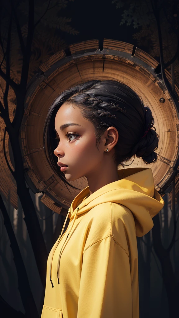 masterpiece、Highest quality、Ultra-high resolution、Dark skinned African girl、(Fractal Art:1.3)、Deep woods、Yellow hoodie、lonely、profile、Upper Body、