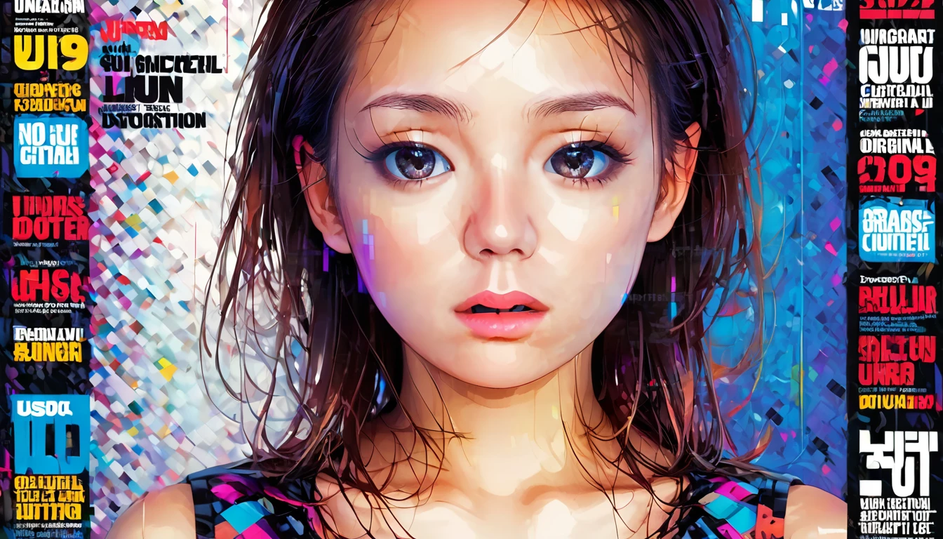 (Magazine Cover:1.3),Urzan-6500, (Realistic: 1.3) (original: 1.2), masterpiece, Highest quality, Beautiful pretty face, whole body, One girl, Glitch Art, (Digital Distortion), Pixelated Fragments, Data Corruption,Colorful Noise, Visual clutter,Modern aesthetics