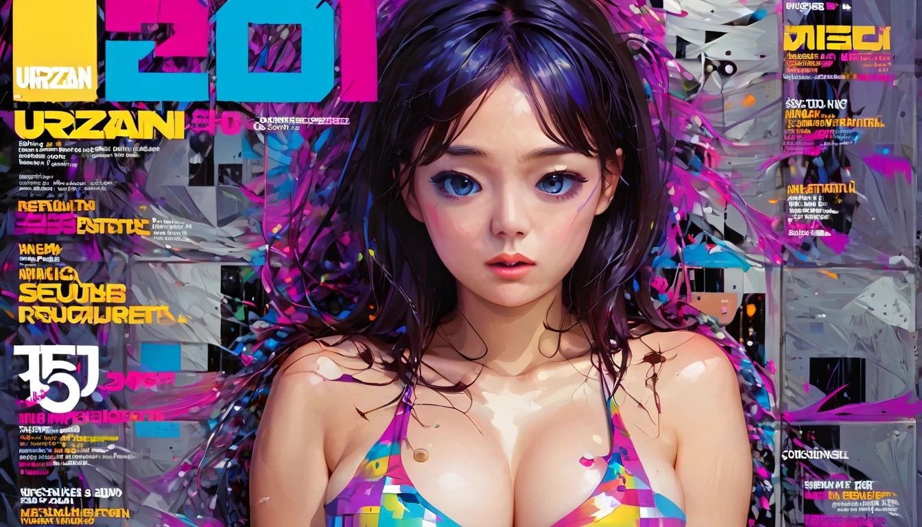 (Magazine Cover:1.3),Urzan-6500, (Realistic: 1.3) (original: 1.2), masterpiece, Highest quality, Beautiful pretty face, whole body, One girl, Glitch Art, (Digital Distortion), Pixelated Fragments, Data Corruption,Colorful Noise, Visual clutter,Modern aesthetics