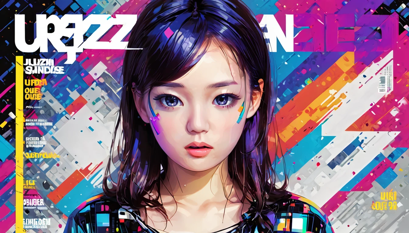 (Magazine Cover:1.3),Urzan-6500, (Realistic: 1.3) (original: 1.2), masterpiece, Highest quality, Beautiful pretty face, whole body, One girl, Glitch Art, (Digital Distortion), Pixelated Fragments, Data Corruption,Colorful Noise, Visual clutter,Modern aesthetics