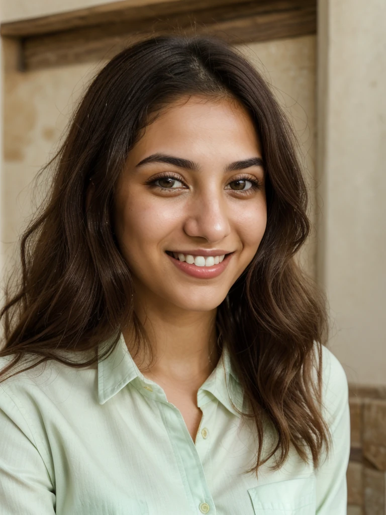 24YO, one Jordanian women, cute smile, white teethes, long light green shirt, light brown eyes, small nose, black/brown long hair