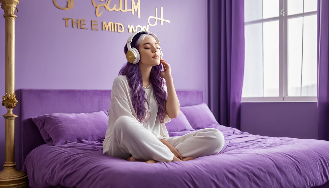 8k, digital image, hdr, sitting sideways, in the bedroom, dark lilac room, windows, a beautiful woman, 26 years old, sitting on the bed sideways, very beautiful, eyes closed, long purple hair, with blutouth headphones, headphones by ear, ivory column with gold, picture on the wall written ""Calm the Mind"