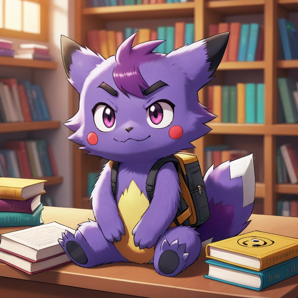 badmascot, solo, looking at viewer, sitting, closed mouth, purple hair, artist name, indoors, hand up, blurry, book, pokemon (creature), blurry background, crossed arms, furry, wide-eyed, bookshelf, constricted pupils, mascot
score_9, score_8_up, score_7_up, score_6_up, score_5_up, score_4_up