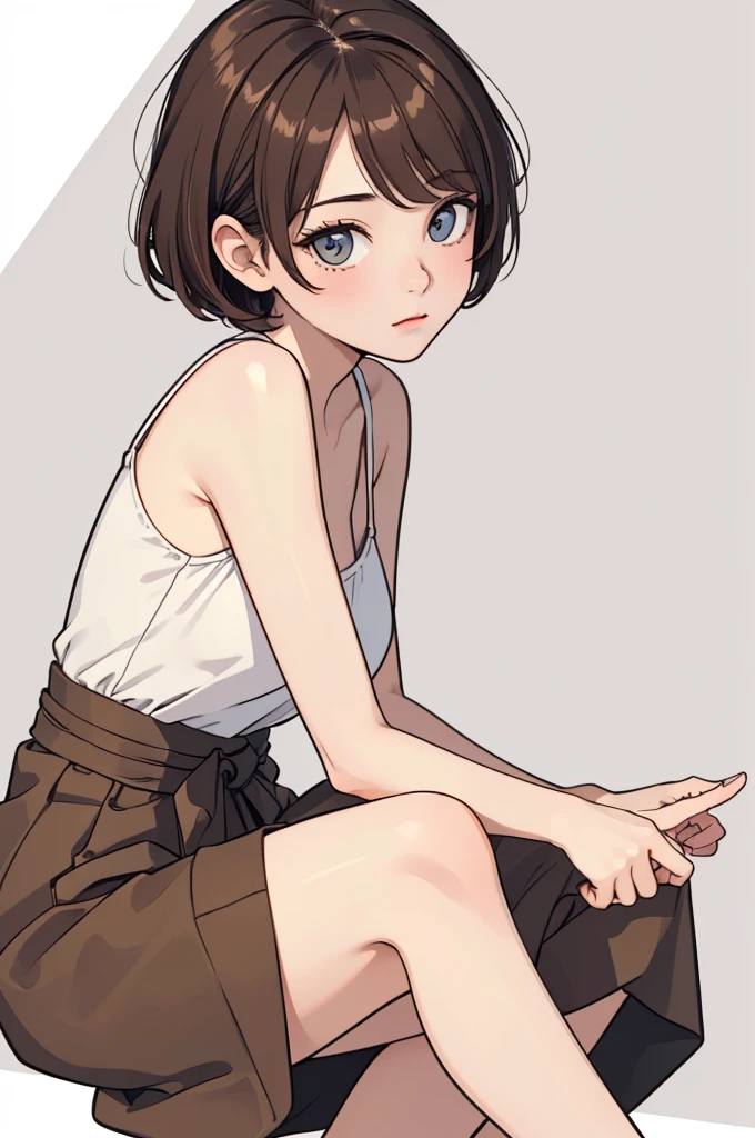 (((masterpiece, best quality, ultra highres, 1 girl, solo, no background))), super detailed skin and face and eyes and finger, beautiful japanese woman, small breasts:1.5, skinny, light brown hair, white background, very short hair, (an illustration of girl), Knee shot, Generate with illustrations, Various expressions, Various poses, Various Costumes, spread legs,