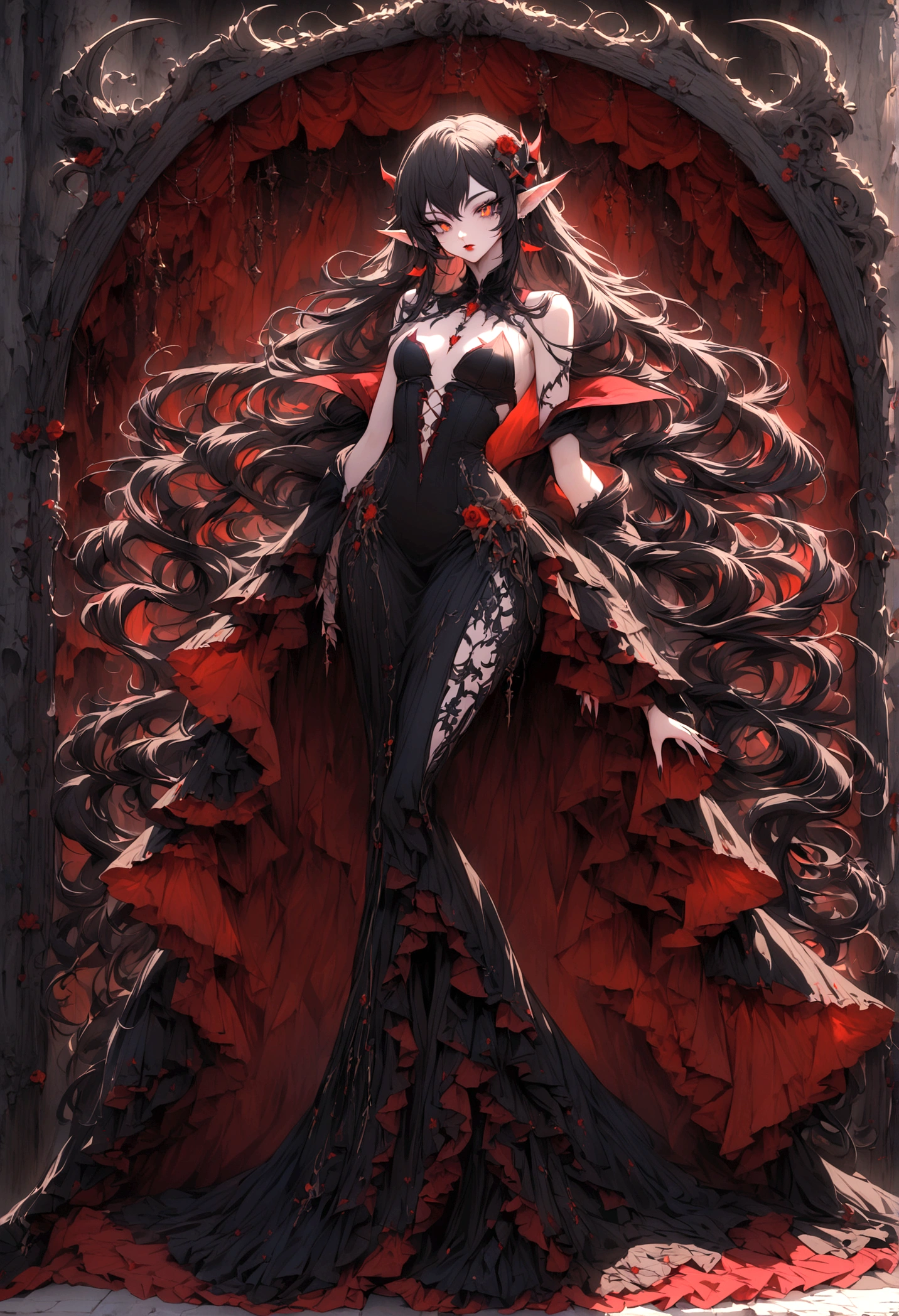 Create an image of the most stunningly gorgeous beautiful perfect sexy vampire elf, beautiful perfect face, long luscious eyelashes, black eyeliner, perfect makeup, lipstick, vibrant detailed vampire slit pupils, luscious black hair, highlights in hair, seductive gothic intricate black dress, full body view,