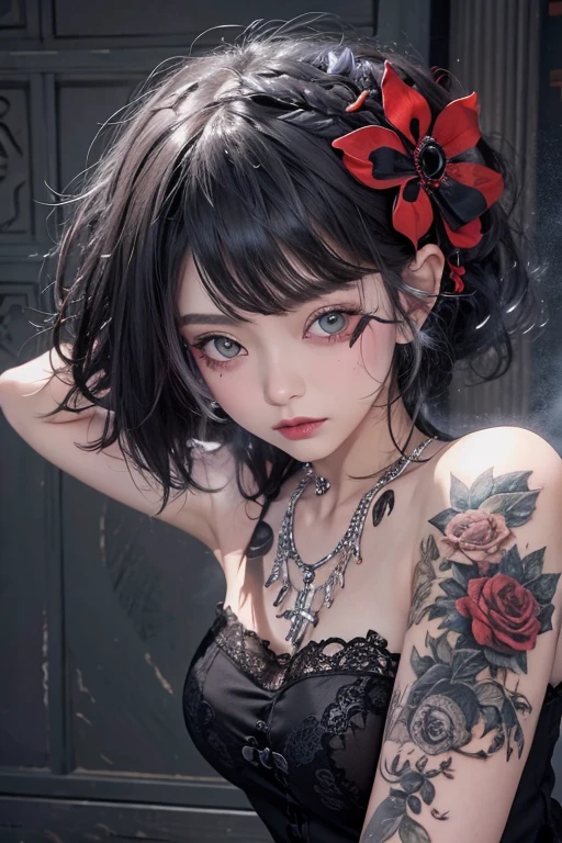 Highest quality、8k、masterpiece:1.3、Gothic Punk、The inner color is red、Gray Black Hair、hair ornaments、beautiful girl、creative、Punk Shirt、Neogoth、Goth Fashion:1.2、High resolution、masterpiece、Highest quality、頭w:1.3、((Hasselblad Photos))、Fine skin、Sharp focus、(Cinema Lighting)、Explore Tokyo'The city at night beyond the neon lights, Forehead open, 17 years old、Petting'Hair back、Shoulder Bare、Small red rose tattoo on the décolletage、Just one tattoo