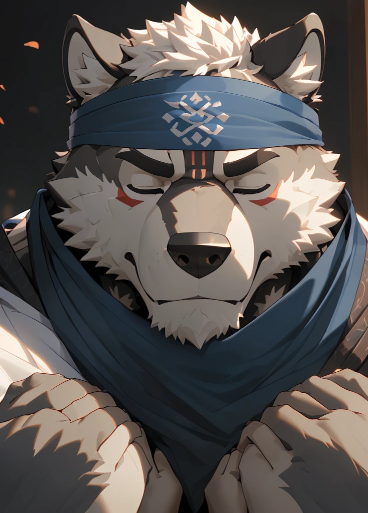 (masterpiece),(Very detailed),(best quality),hairy,Wolf,Dark black fur,white hair,Black eyebrows,Gray pupil,Muscular,(Japan samurai attire),((blue scarf)),((Brown headband)),((Hands together:1.3)),((Close your eyes)),(Pious),((Ultra HD close-up:1.4)),8K,(high quality),(Ultra high quality),(Super detailed),(Best Works)