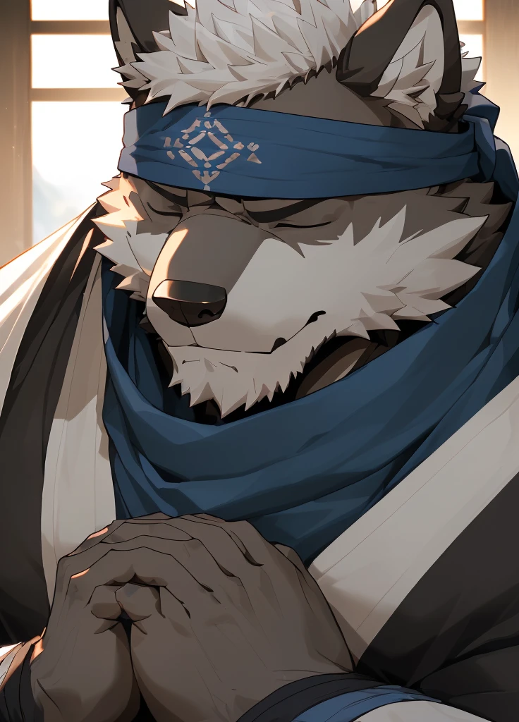 (masterpiece)，(Very detailed)，(best quality)，hairy，Wolf，Dark black fur，white hair，Black eyebrows，Gray pupil，Muscular，(Japan samurai attire)，((blue scarf))，((Brown headband))，((Hands together:1.3))，((Close your eyes))，(Pious)，((Ultra HD close-up:1.4))，8K，(high quality)，(Ultra high quality)，(Super detailed)，(Best Works)