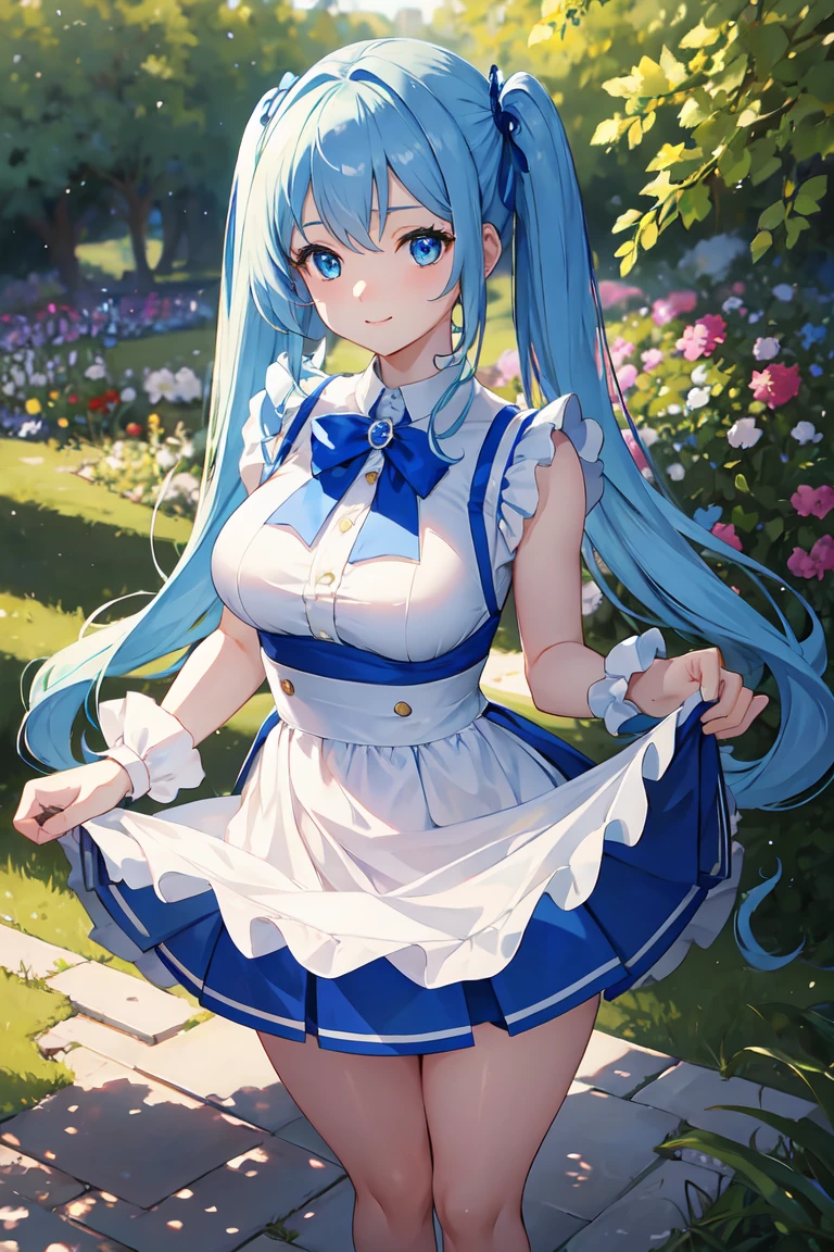 (masterpiece:1.2), (Highest quality:1.2),, Curvy but slender body, Perfect Eyes, Perfect Face, Perfect lighting, 1 Girl, in the garden, （The whole body is visible），（Are standing），White Dress，（Cute gestures），（smile），（Twin tails），Curly Hair, High Quality Clothing, Detailed outdoor background, Compensate, eye shadow, Thick eyelashes, Fantasy, Looking at the audience, whole body，Alice in Wonderland、blue sky、Bright and very beautiful face、like々White, radiant skin、Ultimate beauty、The most beautiful in the world明るいブロンドの髪、Thin Hair、Long Hair、beautiful shiny bangs、The Shining, clear, Big Blue Eyes、A very beautiful and adorable 17 year old girl, The most beautiful in the world、Large Breasts、Slut、Sexy panties、White Stockings