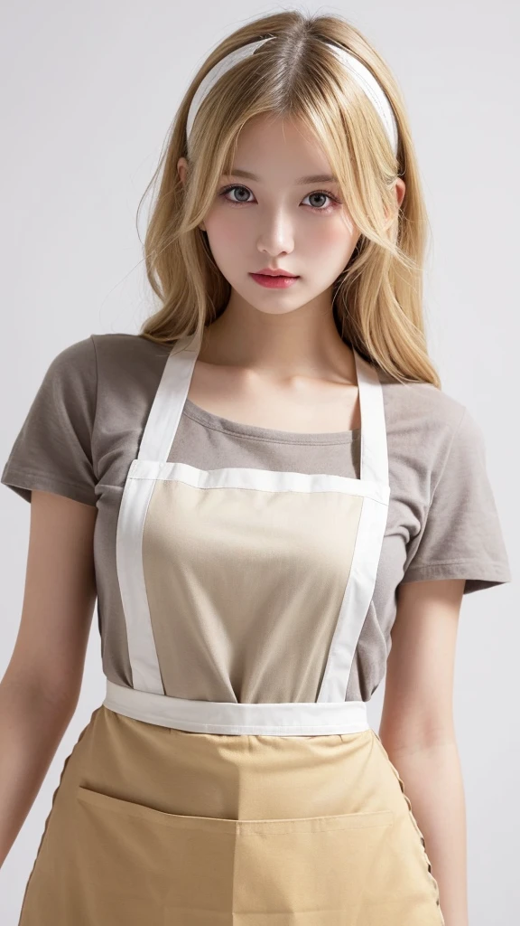 (((forehead、Blonde、Northern Europe、White people、beautiful girl、Blonde、White background、apron)))、table top, highest quality, figure, super detailed, finely, High resolution, 8k wallpaper, Perfect dynamic composition, detailed and beautiful eyes, Deco out,blonde, medium hair, super big breasts, natural color lip,white background, random cute poses,frill dress