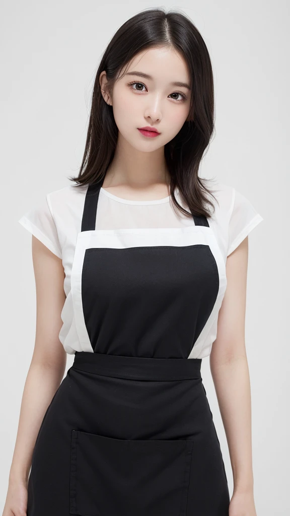(((forehead、Northern Europe、White people、beautiful girl、Black Hair、White background、apron)))、table top, highest quality, figure, super detailed, finely, High resolution, 8k wallpaper, Perfect dynamic composition, detailed and beautiful eyes, Deco out,blonde, medium hair, super big breasts, natural color lip,white background, random cute poses,frill dress