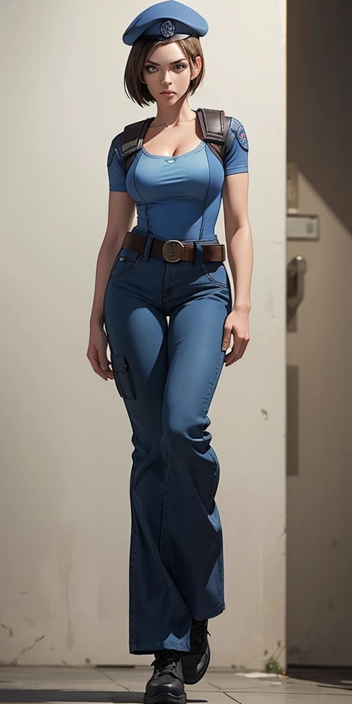Jill Valentine, masterpiece, best quality, 1girl, solo, standing, jillre1, beret, uniform, shoulder pads, short sleeves, harness, belt, bell-bottom blue pants(Wide flares on pants:1.2), cleavage, black combat boots, full body, perfect blue eyes, perfect red mouth,