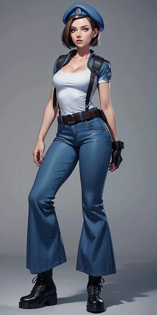 Jill Valentine, masterpiece, best quality, 1girl, solo, standing, jillre1, beret, uniform, shoulder pads, short sleeves, harness, belt, bell-bottom blue pants(Wide flares on pants:1.2), cleavage, black combat boots, full body, perfect blue eyes, perfect red mouth,