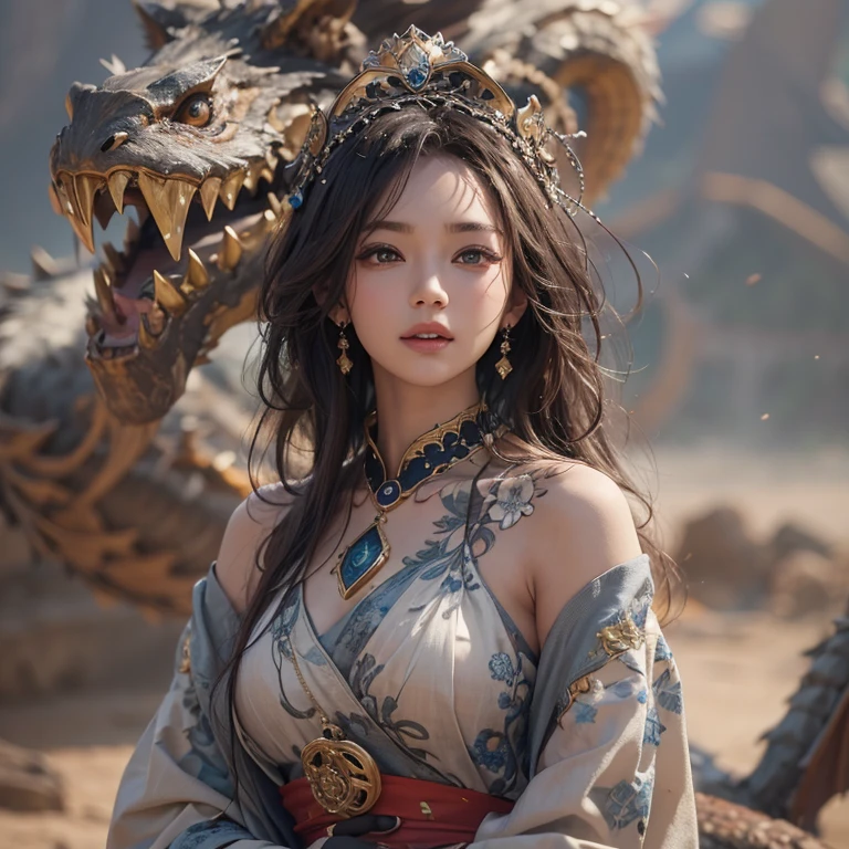 Hiding in the desert、Hair flow、 ((Highest quality、masterpiece、8k、Best image quality、Ultra-high resolution、Award-winning works)、(Accurate :1.1)、(Look at me and smile:1.1)、Shining fair skin with Ultra-high resolution、The most detailed face、Ultra-high resolution detailed face、Ultra-high resolutionの髪の毛、(Ultra-high resolutionの煌めく瞳:1.1)、Beautiful face drawn in every detail、(Blurred Background:1.1)、Ancient Islamic clothing, Chest to chest, tattoo, Old ruins in the background、Other than black real dragons