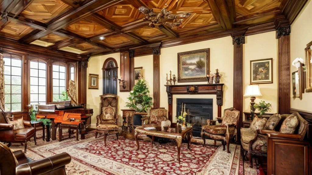 arafed living room with a piano and a piano in the corner, lavishly decorated, living room background, steampunk living room, gothic mansion room, very ornamented, 8k high quality detailed art, thomas kinkade. forest room, elegant and ornate, cozy living room background, 8 k highly detailed art, 1 9 2 0 s room, indoor scene