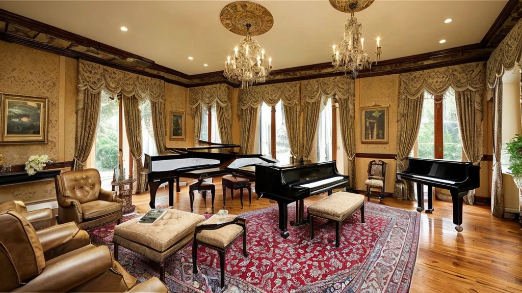 arafed living room with a piano and a piano in the corner, lavishly decorated, living room background, steampunk living room, gothic mansion room, very ornamented, 8k high quality detailed art, thomas kinkade. forest room, elegant and ornate, cozy living room background, 8 k highly detailed art, 1 9 2 0 s room, indoor scene