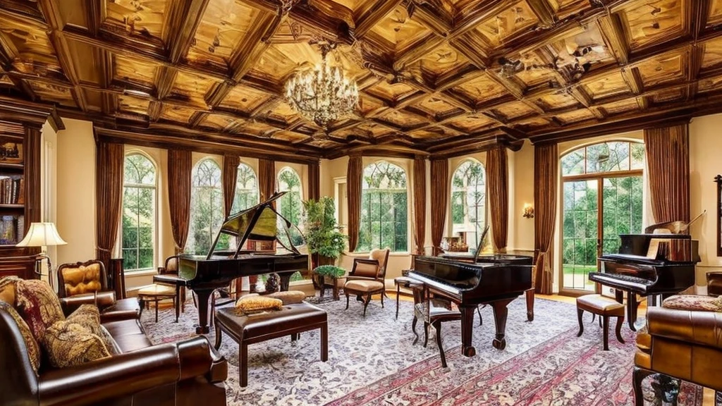 arafed living room with a piano and a piano in the corner, lavishly decorated, living room background, steampunk living room, gothic mansion room, very ornamented, 8k high quality detailed art, thomas kinkade. forest room, elegant and ornate, cozy living room background, 8 k highly detailed art, 1 9 2 0 s room, indoor scene