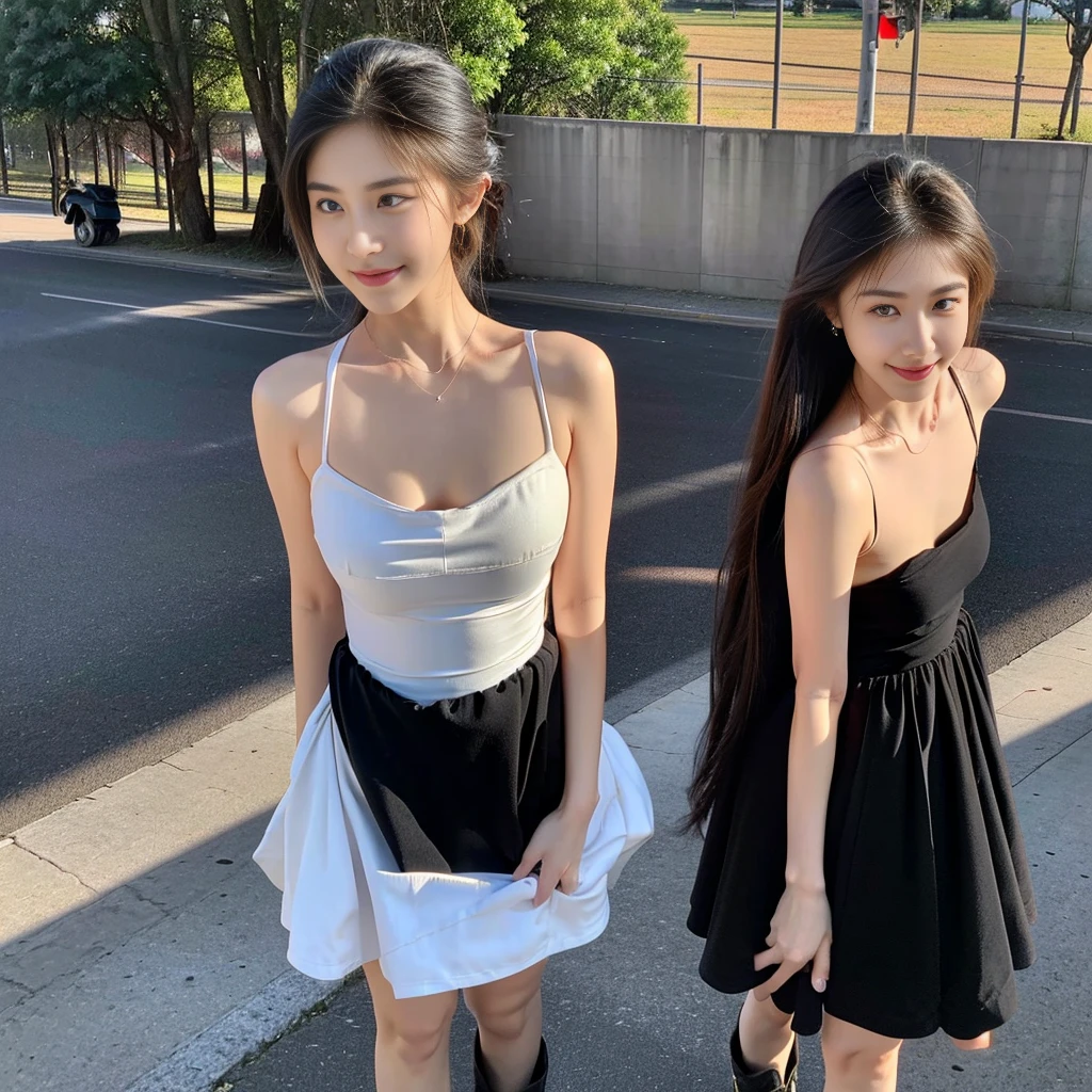 (a photo of the night sky), (a photo of a nighttime landscape), (black dress), (a girl pretty girl with perfect figure), (Short flared dress), (cotton spaghetti-strap top), (strapless dress), (short summer wedding dress), (32K,1 20-year-old girl, The light from the rear window is backlit, Ray traching), (full body), (white sneakers), (a pair of white leather boots, highly detailed boots), (hair black), (two-parted hair :1.3), (very thick hair), (hands close to the body), (Slender chest), (visible shoe sole :1,5), (short upper chest :1.5), (pectoral muscles are large :1.5), (upper breasts are firm and round :1.5), (stand upright), (two shoe ends), (two shoe toes) ,(put on blush), (apply powder), (makeup), (standing), (asian girl princess), (thick thighs), (large calves), (Black non-reflective fabric for making dresses), (dark colthing), (large knees), one-piece dress, seamless dress), ( wedding dress)
