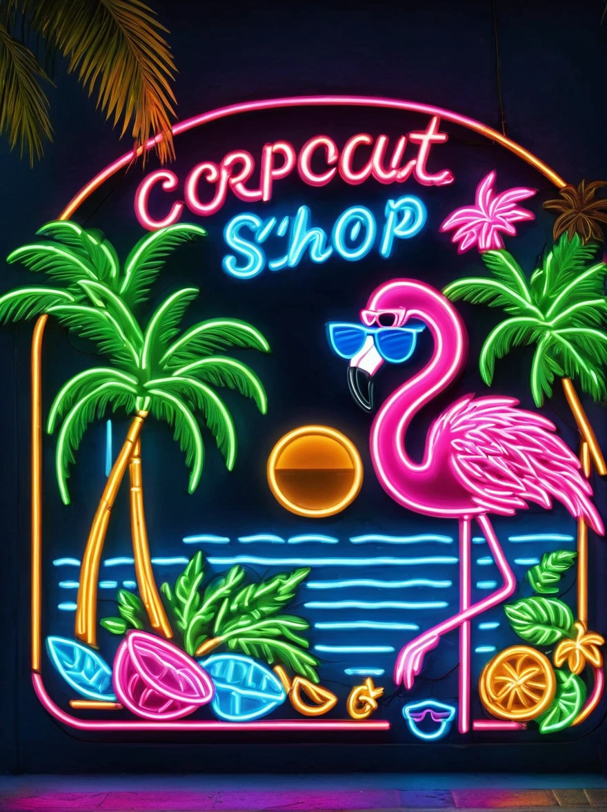 Neon，Shop sign，Tropical scene，coconut tree，Sea，Cool flamingo wearing sunglasses，发光的NeonShop sign，Ultra high saturation，Bright colors