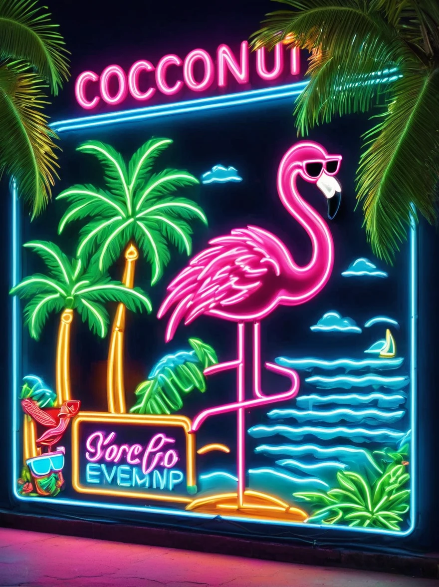 Neon,Shop sign,Tropical scene,coconut tree,Sea,Cool flamingo wearing sunglasses,发光的NeonShop sign,Ultra high saturation,Bright colors