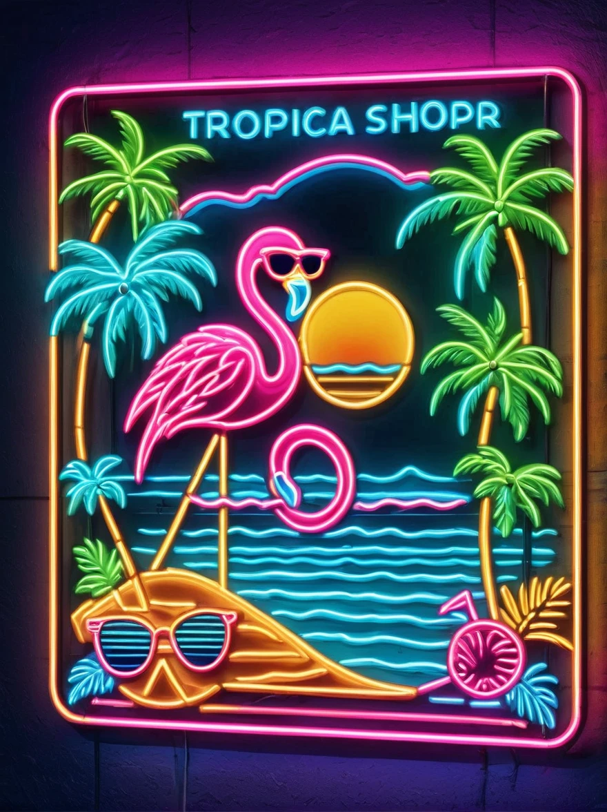 Neon,Shop sign,Tropical scene,coconut tree,Sea,Cool flamingo wearing sunglasses,发光的NeonShop sign,Ultra high saturation,Bright colors