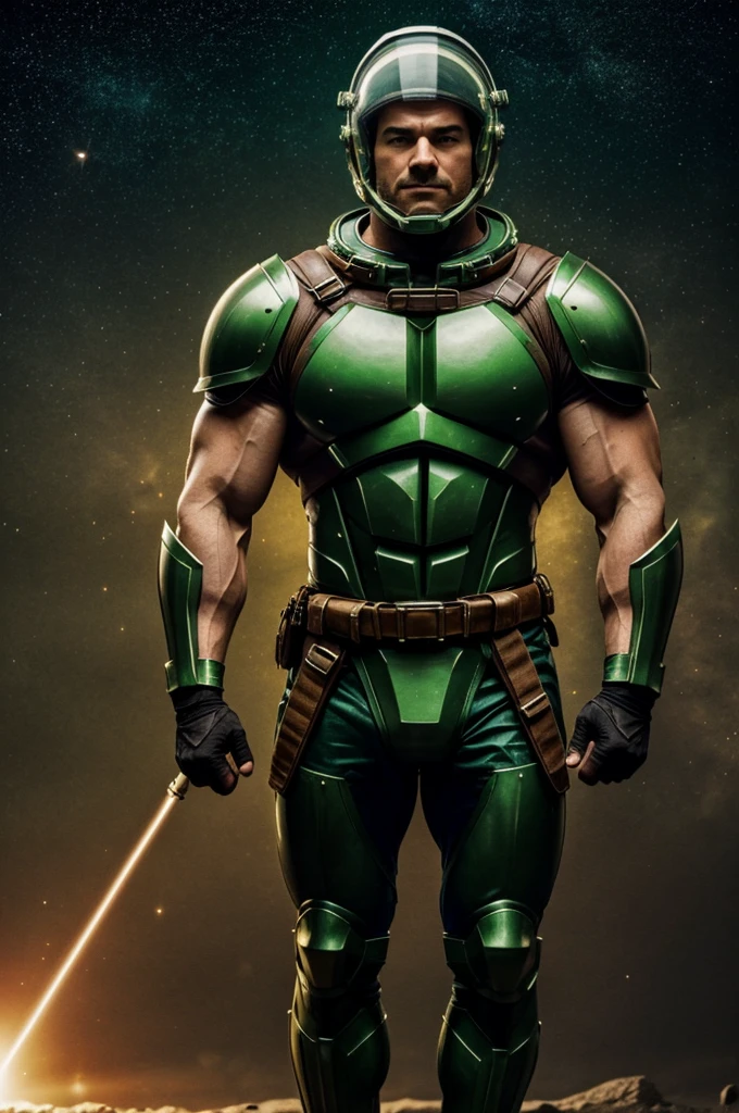 a rather muscular man wearing green armor as well as a light brown space helmet that partially conceals his facial features.