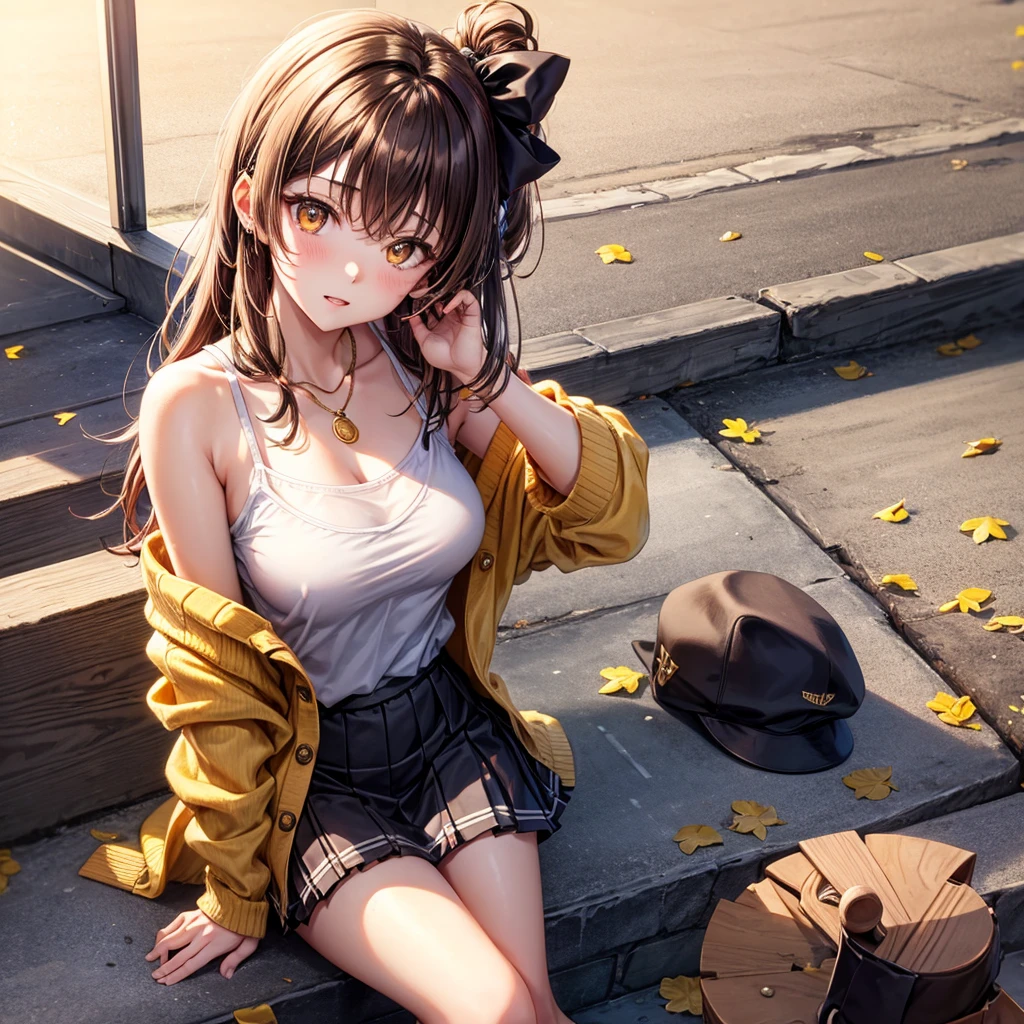 Red, brown, gold, gold hair、Golden Eyes、Hair tied up、One good looking girl、solo、anime、Checkered mini skirt、Ruffles on the skirt、camisole、camisole、Lightweight cardigan、Black knee-high socks、Wearing a baseball cap、Wearing a ribbon、Ribbon on waist、Teeth are visible、Sunset sky、Cumulonimbus、Silver coin necklace、shine、From above、Sparks are flying、tunnel、Cobblestones、Sitting on the stairs