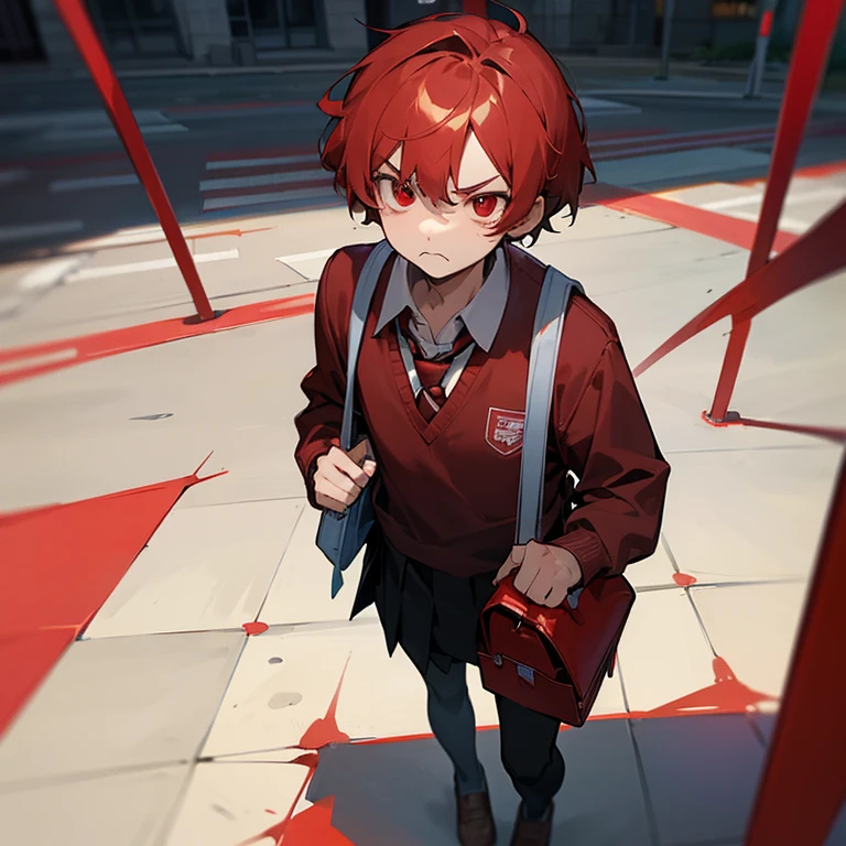 Boys,cute,Looks like a primary school student,Carrying a red schoolbag,Wearing a school uniform with a tie,Coffee-colored hair,Red eyes with murderous intent,Mouth downwards looking unhappy,Walking down the street, it looks like I'm going to school,black shorts