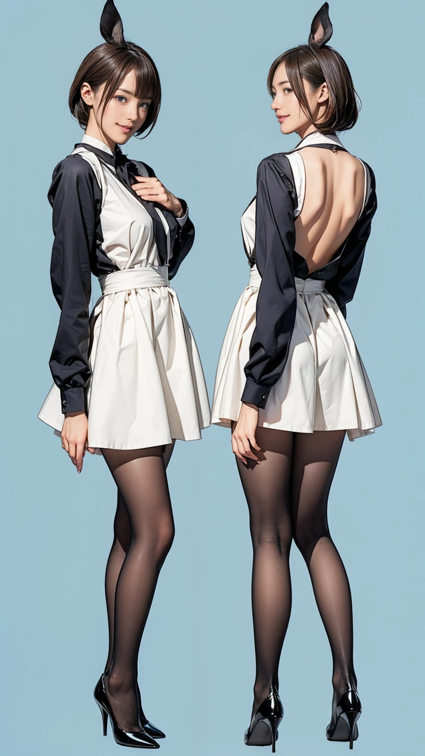 ((masterpiece)),(((Highest quality))),((Character design sheet)),Thin thighs,Long legs,Bunny girl in a light blue maid outfit:1.5,Wearing light blue tights:1.5,The best smile:1.5,Full Body Shot:1.5,Gray background:1.5,Wearing black high heels:1.5,short side waves:1.5,