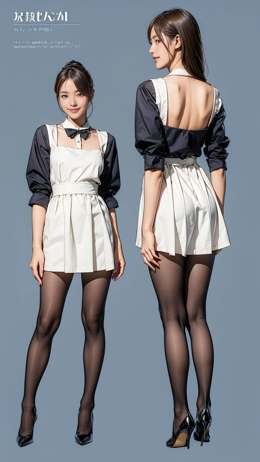 ((masterpiece)),(((Highest quality))),((Character design sheet)),Thin thighs,Long legs,Bunny girl in a light blue maid outfit:1.5，Wearing light blue tights:1.5，The best smile:1.5，Full Body Shot:1.5，Gray background:1.5，Wearing black high heels:1.5，short side waves:1.5，