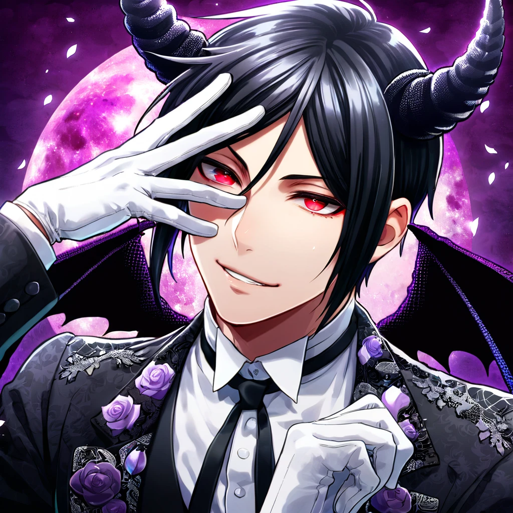 Ultra detailed, Highres, absurdres, HDR, Sebastian Michaelis, black hair, expressive red eyes, black coat with patterns, Kuroshitsuji, white shirt, fantasy, petals, handsome, sexy man, solo, very detailed eyes and face, master piece, white gloves, purple background, purple moon, Black Butler, black demon horns, black demon wings, magical, purple roses, black feathers, smirking, shining,